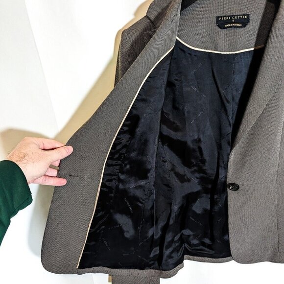 Perri Cutten Birdseye Jacket Blazer Size 8 Black Business Corporate Stretch Dot - Picture 6 of 8
